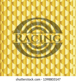 Racing shiny golden badge. Scales pattern. Vector Illustration. Detailed.