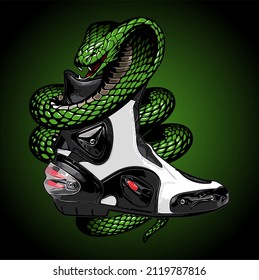 racing shoes wrapped in green snake,  t-shirt design, biker, knucklehead, panhead, shovelhead, flathead, naked bike, dragrace, supermoto, Motorradfahrer, 
motorrijder, vector template
