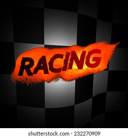 Racing sign on fire on checkered flag background.