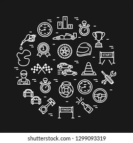 Racing Signs Round Design Template White Thin Line Icon Concept on a Black for Marketing. Vector illustration