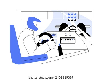 Racing simulator abstract concept vector illustration. Man in helmet plays racing simulator, entertainment time, holding a joystick, steering process, virtual reality abstract metaphor.