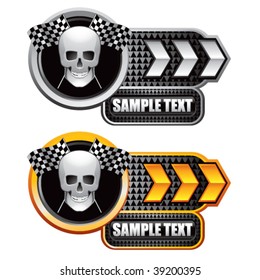 racing skull and checkered flags on white and gold arrow nameplates