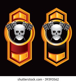 racing skull and checkered flags on vertical orange arrows