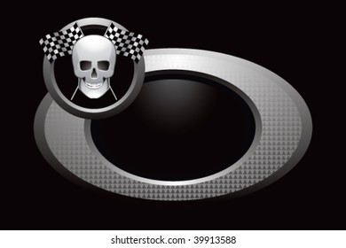 racing skull with checkered flags on silver ring
