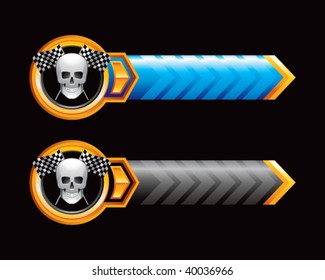racing skull and checkered flags on blue and black arrows