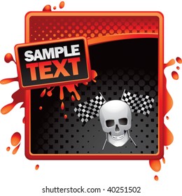 racing skull and checkered flags on red and black halftone advertisement