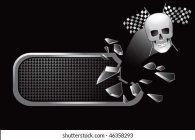racing skull with checkered flags on broken glass banner