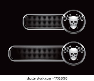 racing skull with checkered flags on black tabs