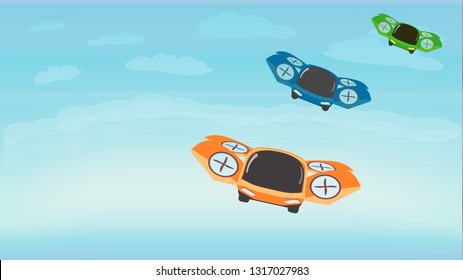 Racing in Sky on Flying Sports Cars. Futuristic Technology. Cartoon Composition. Flat Style. Vector Illustration. Drones and Our Future. Banner. Cartoon Flying Machines. Different Colors.