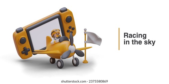Racing in sky. Speed competition. 3D plane with pilot, game console, flag. Online tournament. Vector composition in cartoon style. Concept for aviation games