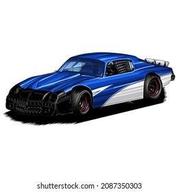 Auto de velocidad de carreras aislado en fondo blanco, gráficos de camisetas, vectores.