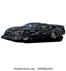 Racing speed car isolated on white background for poster, t shirt print, business element, social media content, blog, sticker, vlog, and card. vector illustration.