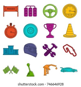 Racing speed icons set. Doodle illustration of vector icons isolated on white background for any web design