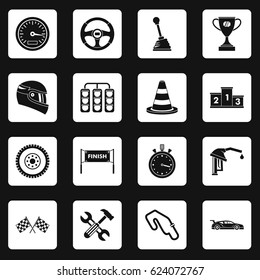 Racing speed icons set in white squares on black background simple style vector illustration