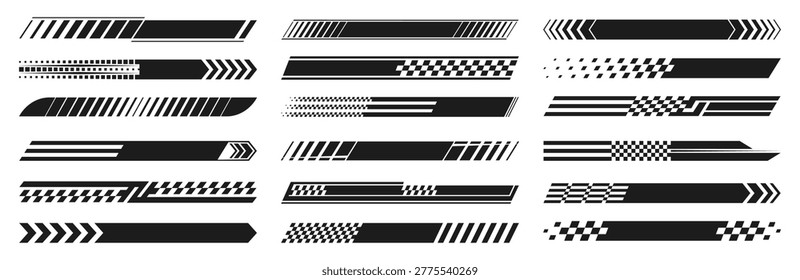 Racing speed lines and race car stripes set. Checkered flag,  start and finish line, motocross labels, dynamic lines, motorsport, racing stripe, sport decals, tuning stickers, speed motion banner