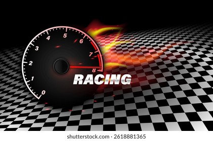 Racing Speedometer with Flame Trails and Checkered Flag Background