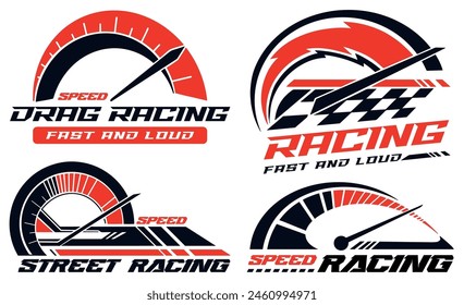 Racing speedometers colorful set flyers with arrow indicating maximum achieved during motorsports competitions with words dast and loud vector illustration