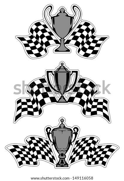 Racing sport awards and trophies with\
checkered flags isolated on white\
background