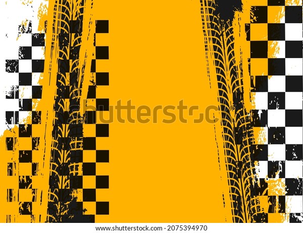 Racing\
sport background. Tire tracks and checkered rally racing flag with\
grunge. Off road tyre prints, vector black car treads, spots and\
checkered backdrop. Motocross bike\
protectors