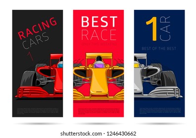 racing sport car flyer, set of three leaflets covers with typography and linear colored sport car illystration, front view