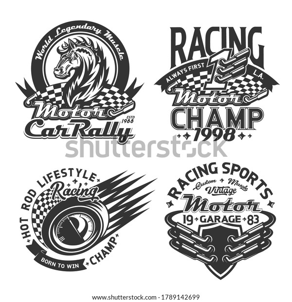 Racing sport and car rally t-shirt print\
mockup, vector motorsport championship custom apparel. Start and\
finish racing flags, wild mustang horse, race auto speedometer and\
mufflers badge\
templates