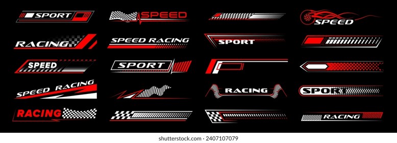 Racing sport car stickers and race line decals with checkered pattern, vector stripes. Auto art decals with car wheel, start or finish flag and red halftone racing pattern background for car stickers