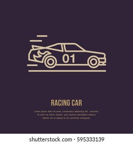 Racing sport car vector line icon. Speed automobile logo, driving lessons sign. Auto championship illustration.
