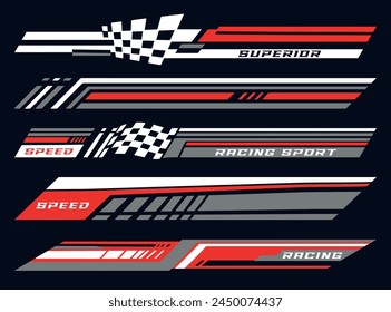 Racing sport colorful set emblems with finish flags and abstract stripes for street racer car exterior design vector illustration