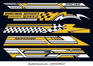 Racing sport colorful set labels with stripes symbolizing superior speed and readiness to win tournament vector illustration