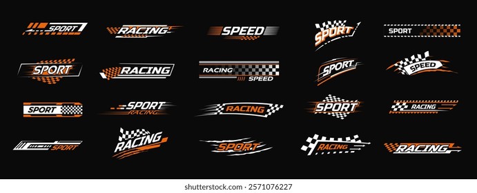 Racing sport decal. Speed sticker stripes, car racing branding with checkered flag and fast lines. Rally racing championship, motorsport tournament or automotive tuning decals vector set.