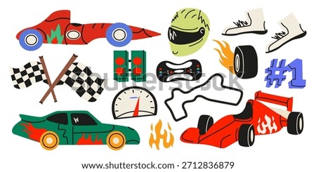 Racing sport elements in cartoon groovy style. A racing car, track, steering wheel, speed, driver's helmet, wheel tires, checkered flags. Car racing stickers. Competition, drive, victory concept