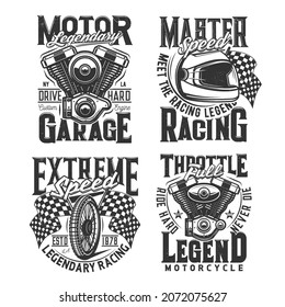 Racing sport and garage t-shirt prints. Motorsport racing team, motocross club or custom bikes restoration and repair garage station apparel custom design retro vector prints with engine, racer helmet