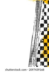 Racing sport grunge background, checkered racing flag with grunge tire tracks, vector poster. Wheel traces of car and truck tyre prints, motorcycle or offroad and motocross tread trails of rally sport