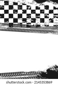 Racing sport grunge background with checkered flag and tire tracks race pattern. Motorsport competition, rally sport or off road race, motocross grungy vector backdrop with wheel dirty treads