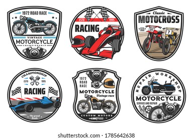 Iconos deportivos de carreras, motocross y carreras de coches campeonato emblemas, vector. Carreras de motocicletas y coches deportivos de motor rally o equipo de clubes de velocidad, ruedas, carreras de autos deportivos y señalización de la bandera de fin