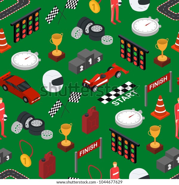 Racing Sport Seamless Pattern Background\
Isometric View Element Web Design for Competition and Award. Vector\
illustration of Symbol Racing\
Championship