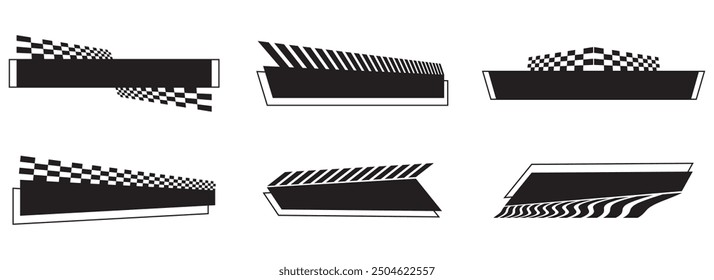Racing sport stripe for sports car and motorcycle. Racing car decals black and white vector illustration set