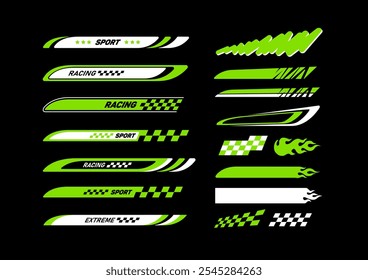 Racing sport Stripes and flames stickers decals set. Extreme sports racing flags stickers design. Sport car  and motorbike elements. Editable vector stickers collection for motorsport and racing event