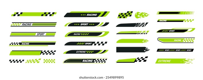 Racing sport Stripes and flames stickers decals set 1. Extreme sports racing flags stickers design. Sport car  and motorbike elements. Vector stickers collection for motorsport and racing event