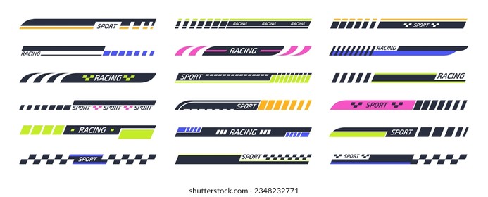 Racing sport stripes. Sports racing tuning decals, motorbike, sport car and boat stickers, vehicle tuning bars flat vector illustration collection