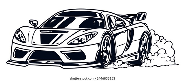 Racing sport vintage sticker monochrome with fast car participating in high-speed competitions on city streets vector illustration