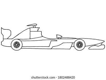 Racing, Sports Car With Front Spoiler And Rear Wing In Doodle Style. Coloring For Children.