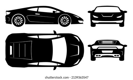 Racing sports car silhouette on white background. Vehicle icons set view from side, front, back, and top