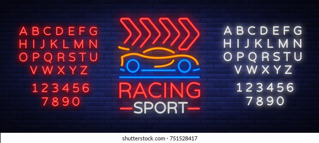 Racing Sports neon logo emblem pattern. A glowing sign on the theme of the races. Neon sign, light banner. Vector illustration. Editing text neon sign. Neon alphabet