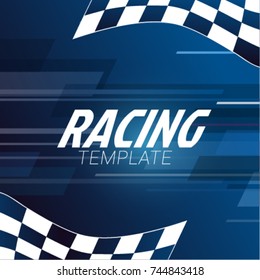 Racing square background with checkered flag on a blue background.