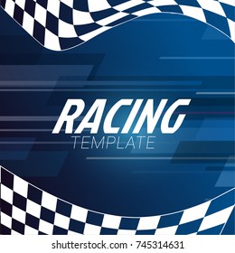 Racing square background with checkered flag on a blue background.