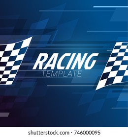 Racing square background with checkered flag on a blue background.