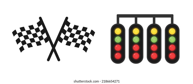 Racing starting lights system with race checkered flag icon vector illustration isolated on white background.