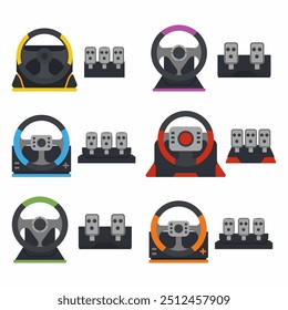 Racing steering wheels and floor pedals vector cartoon set isolated on a white background.