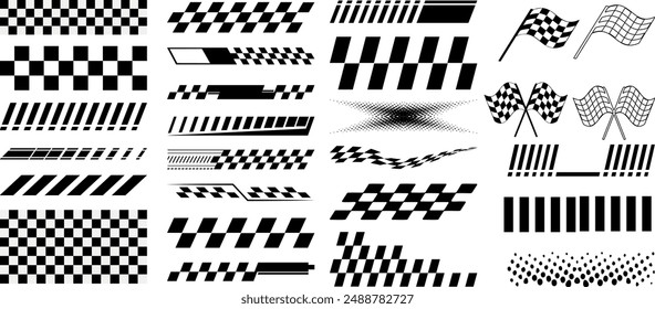 Racing stripe banners, checkered pattern vector set, flag, speed line design vector graphics for motorsports, car racing, track finishing